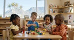 South African toddlers ages 2–3 collaborating and playing with educational wooden blocks in a sunlit Cape Town nursery school, hitting developmental milestones.