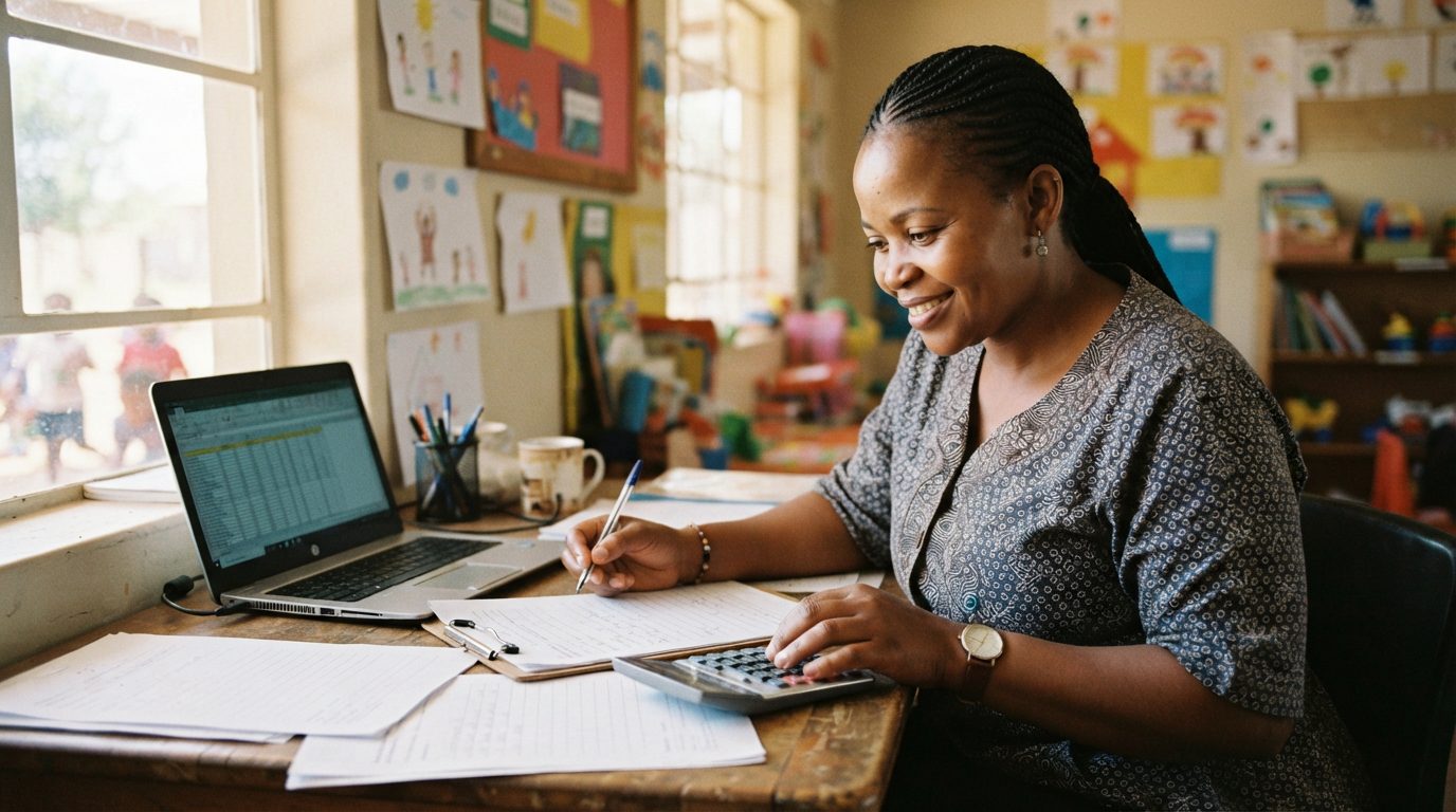 ECD centre owner reviewing a monthly budget breakdown