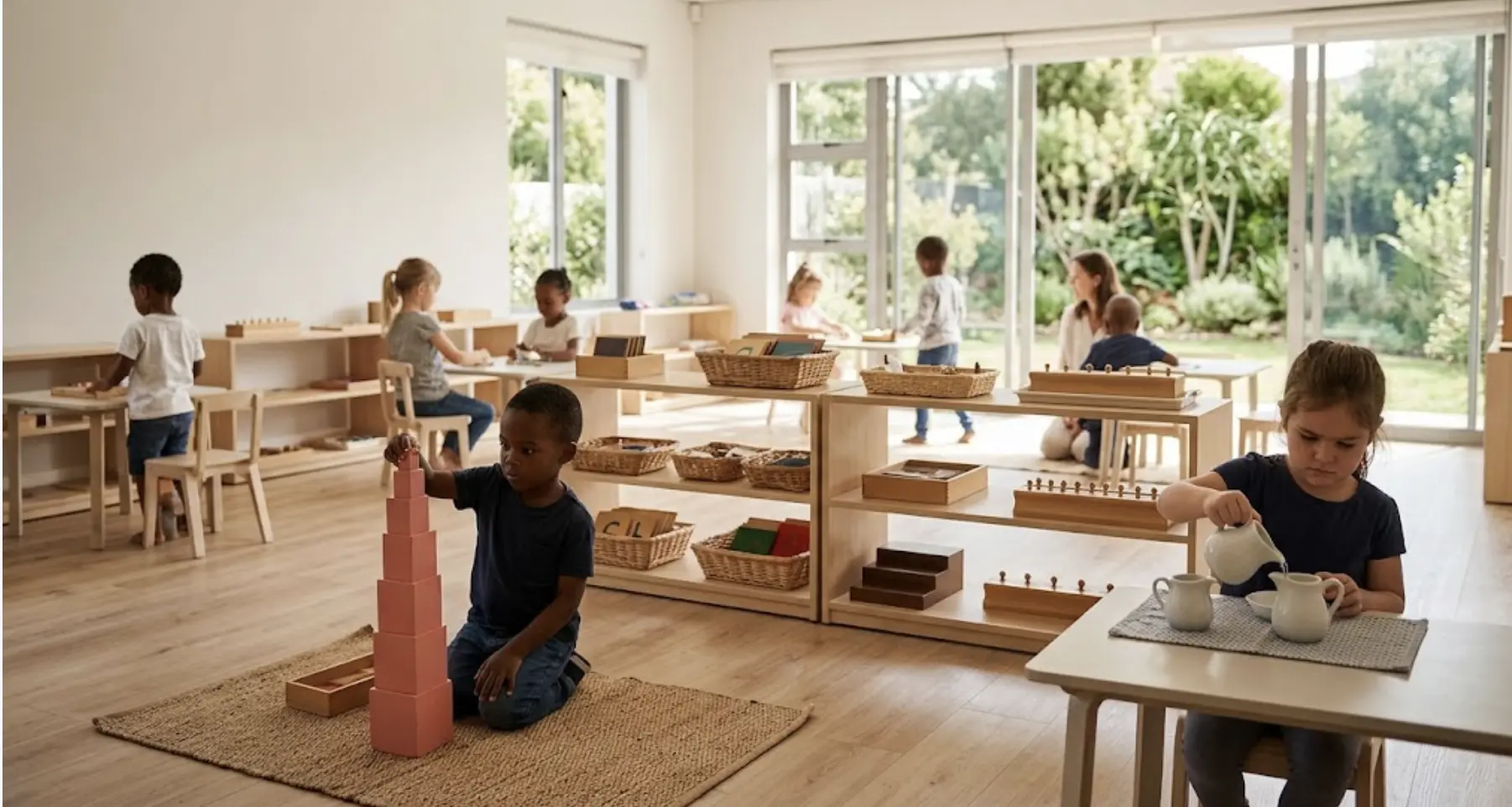 Child working independently with Montessori sensorial materials on a floor mat