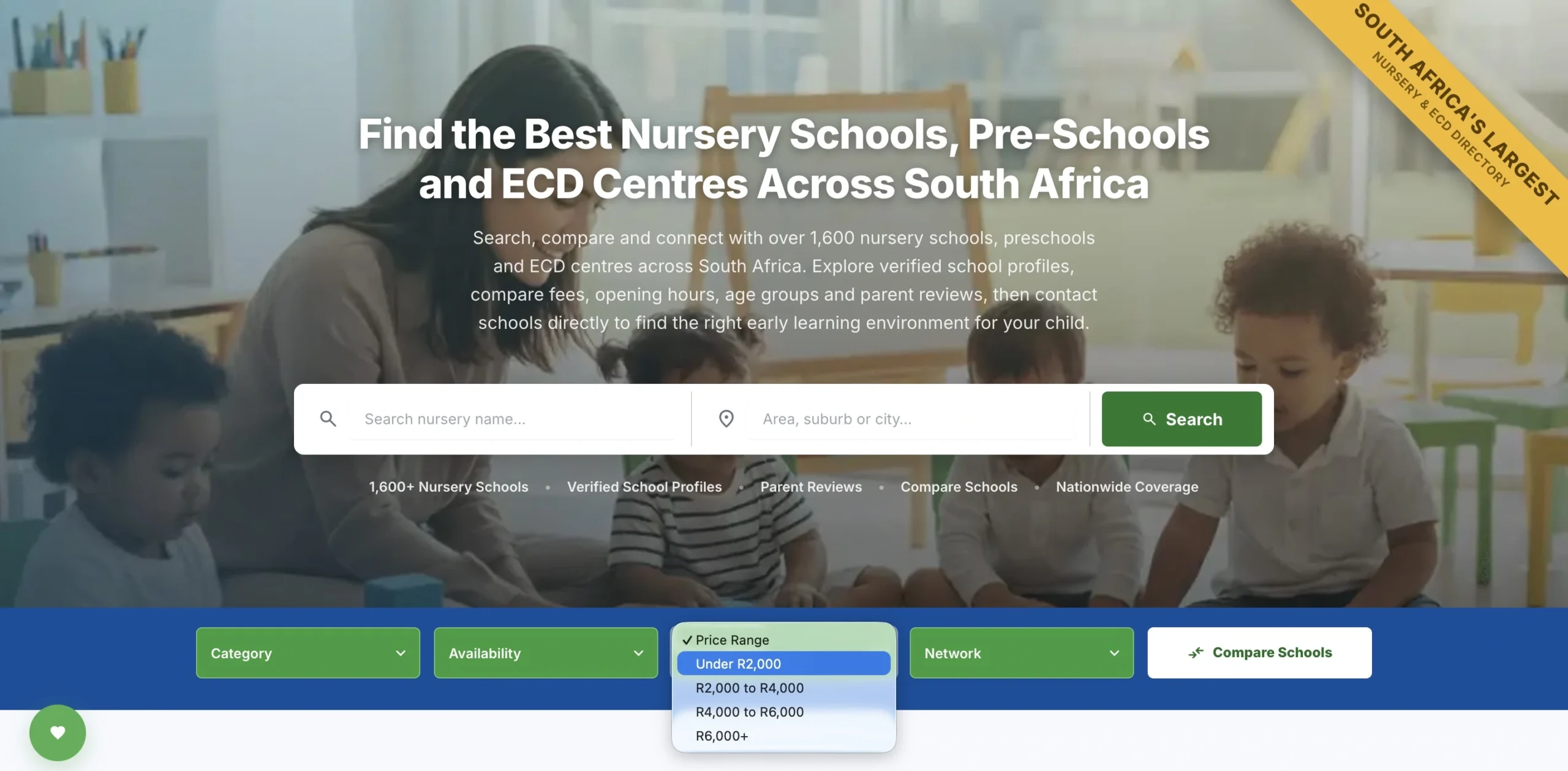 Parent using the Find My Nursery search bar and filter pills on a laptop