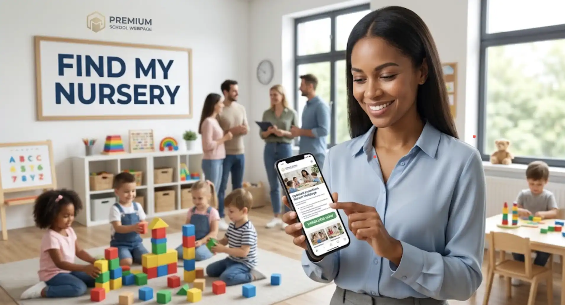 Premium school webpage on Find My Nursery shown on a mobile phone