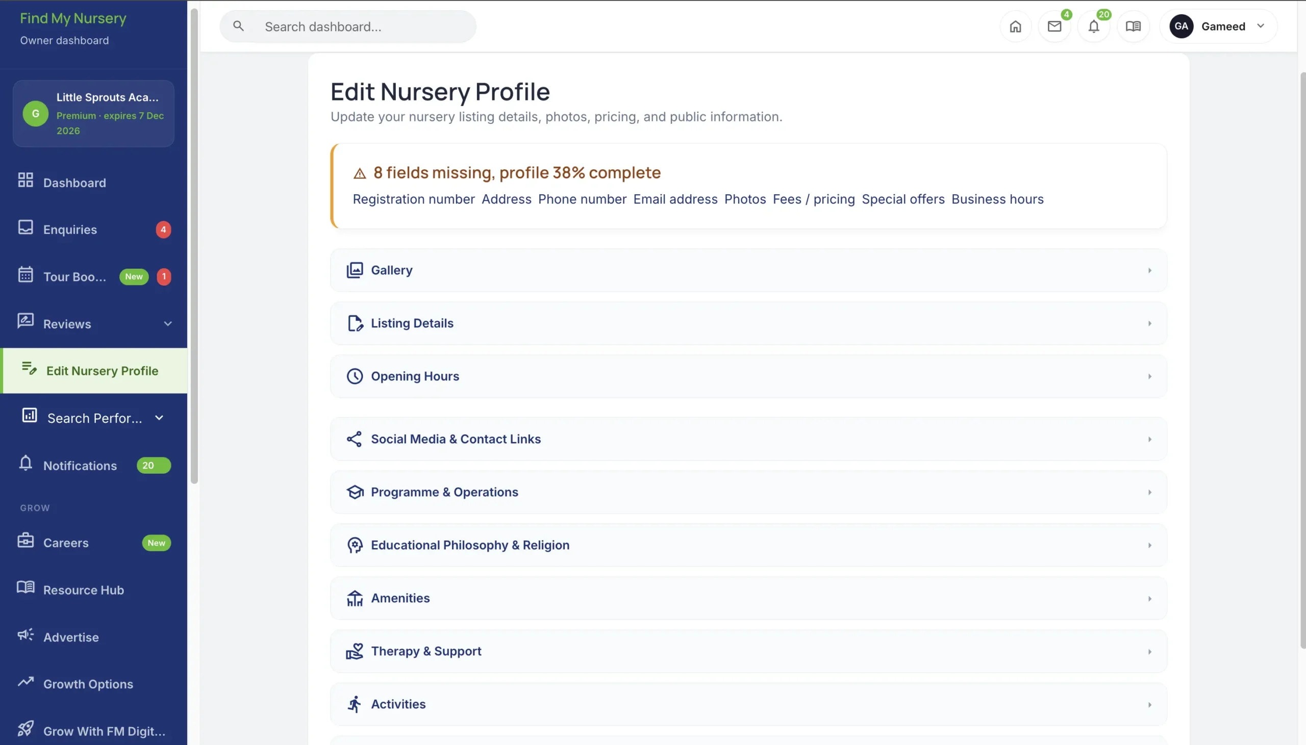 Editing a school profile on the Find My Nursery dashboard