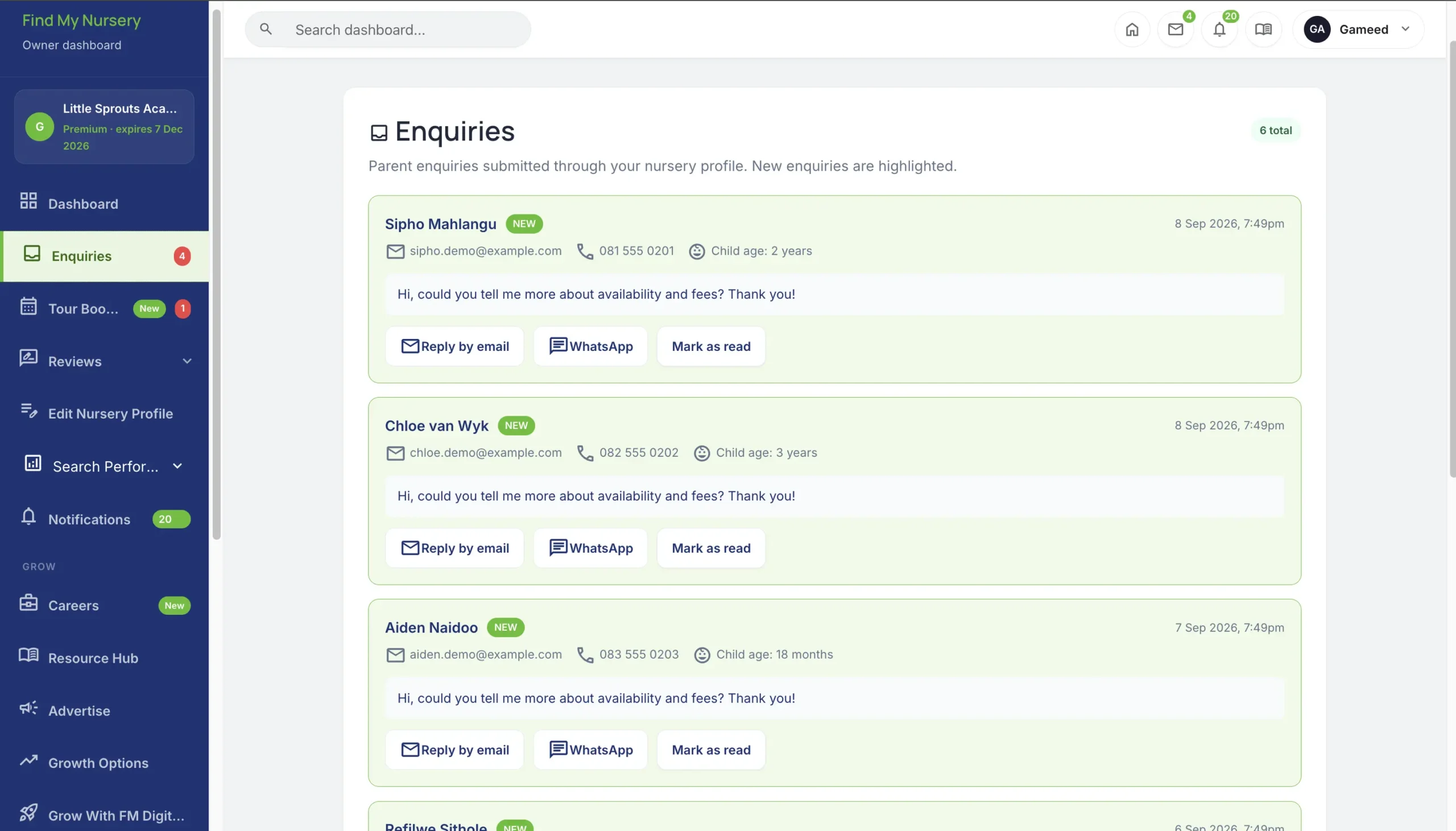 Parent enquiries inbox on the Find My Nursery dashboard