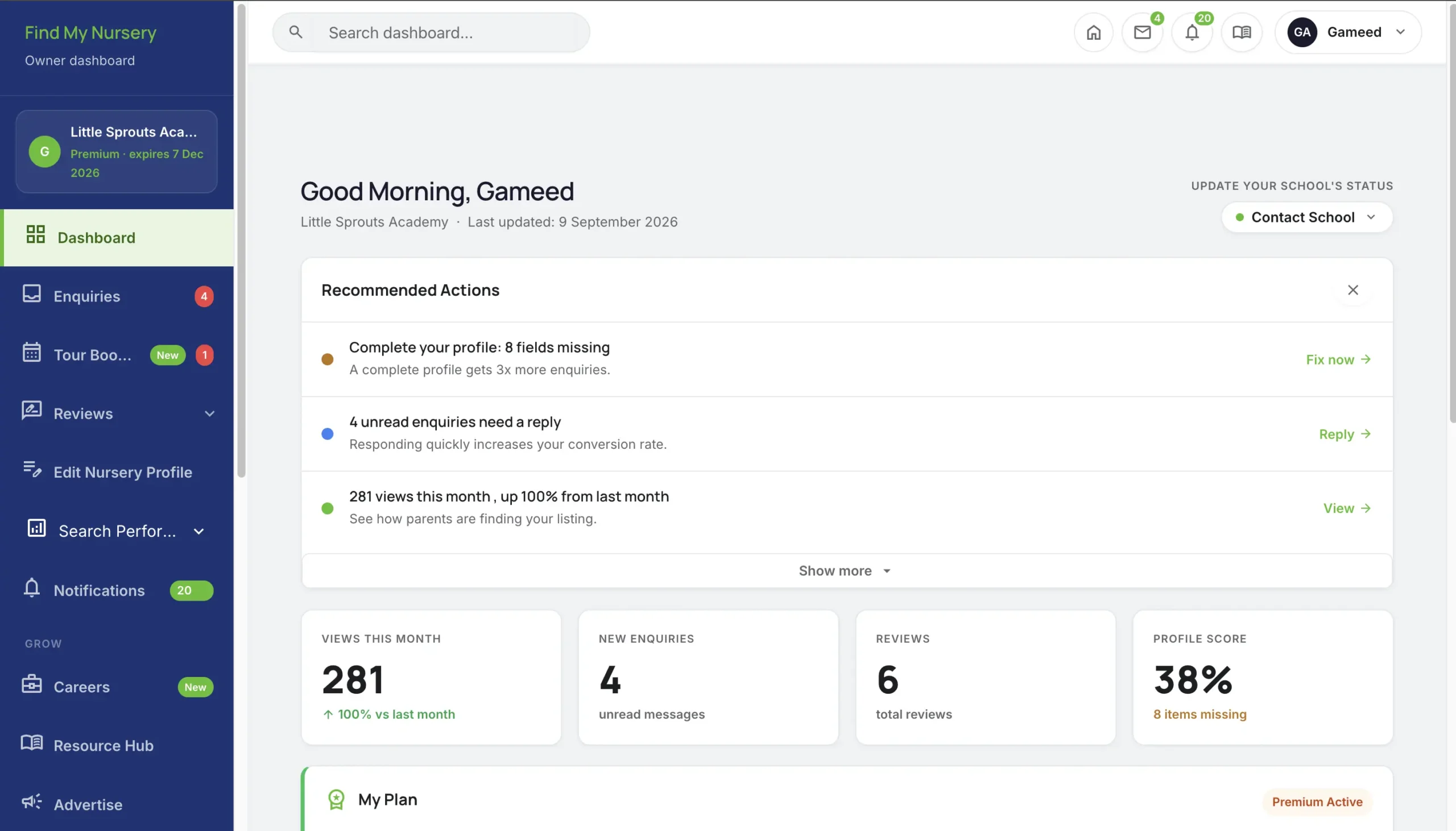 Find My Nursery school dashboard overview screen