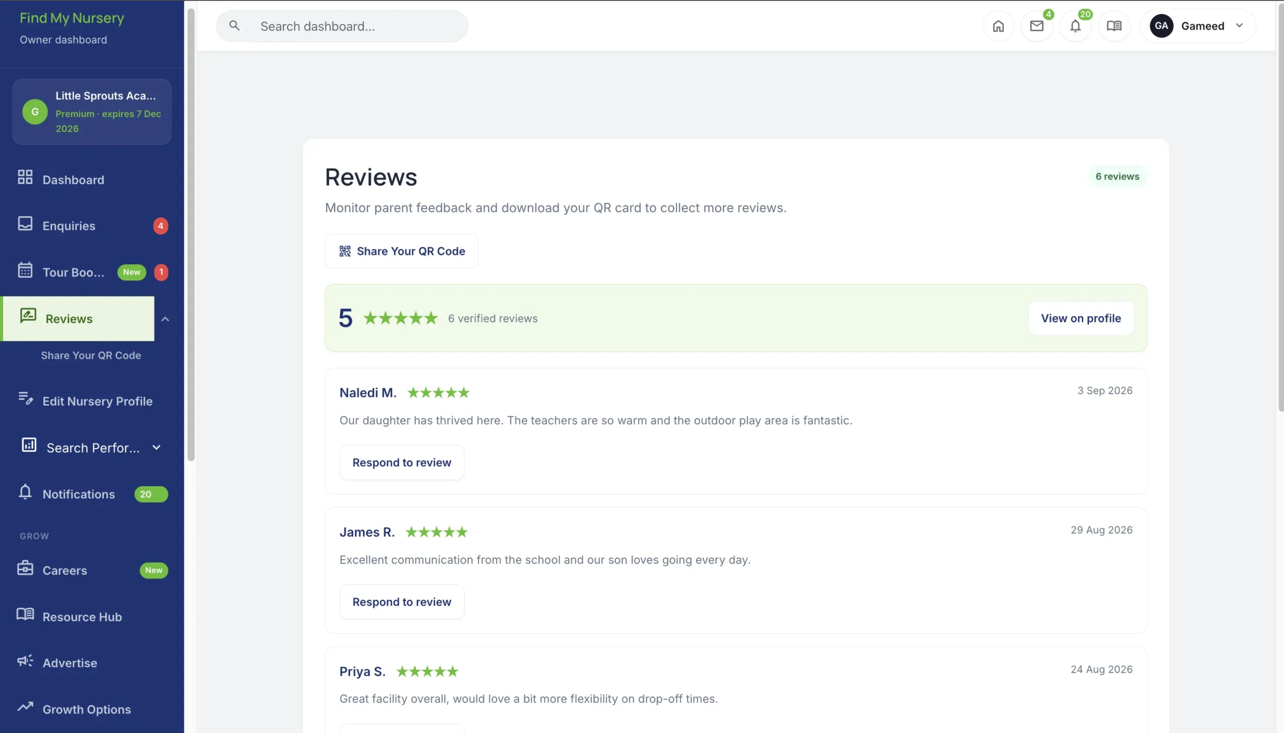 Reviews tab and QR review-promotion card on the Find My Nursery dashboard