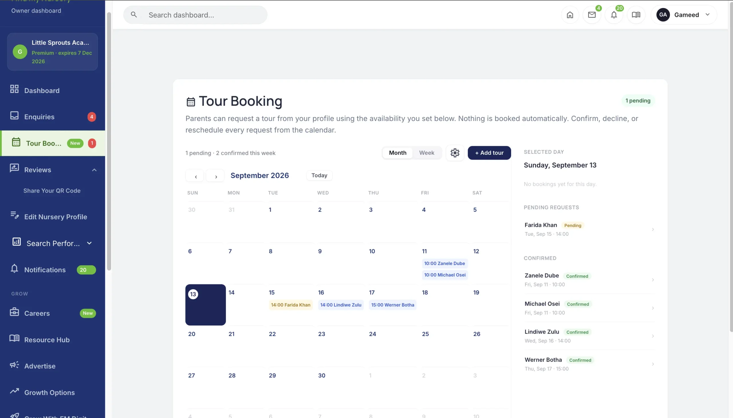 Tour booking calendar on the Find My Nursery dashboard